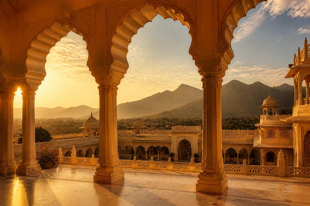 Sandstone arches of a Rajasthani palace at golden hour, hills in the distance